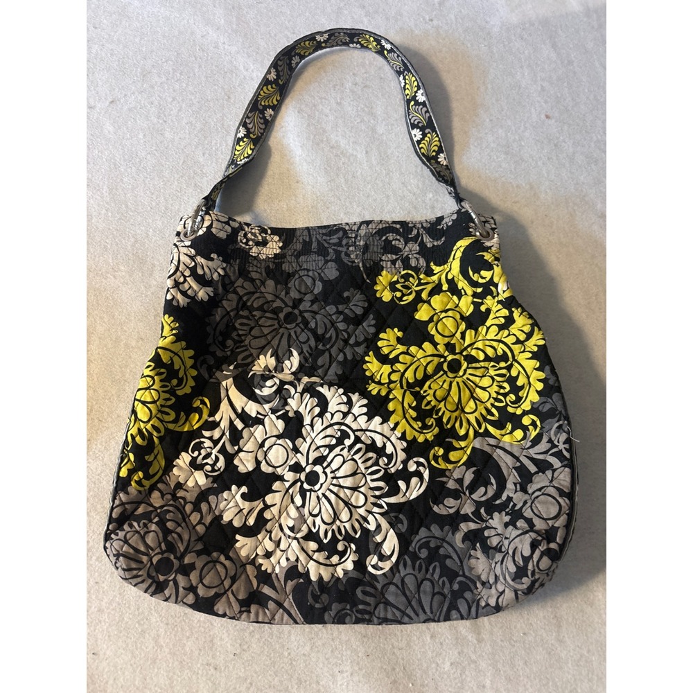 Vera Bradley Night and Day Quilted Hobo Bag Womens Large Black Yellow Excellent